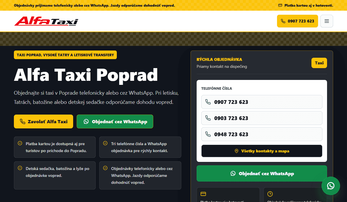 Screenshot webu AlfaTaxiPoprad.sk s kontaktmi, telefónnymi číslami a WhatsApp objednávkou